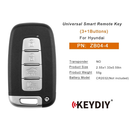 KEYDIY KD ZB04-4 Smart Remote (Right Slot) for Hyundai Type 3+1 Buttons 5pcs/lot